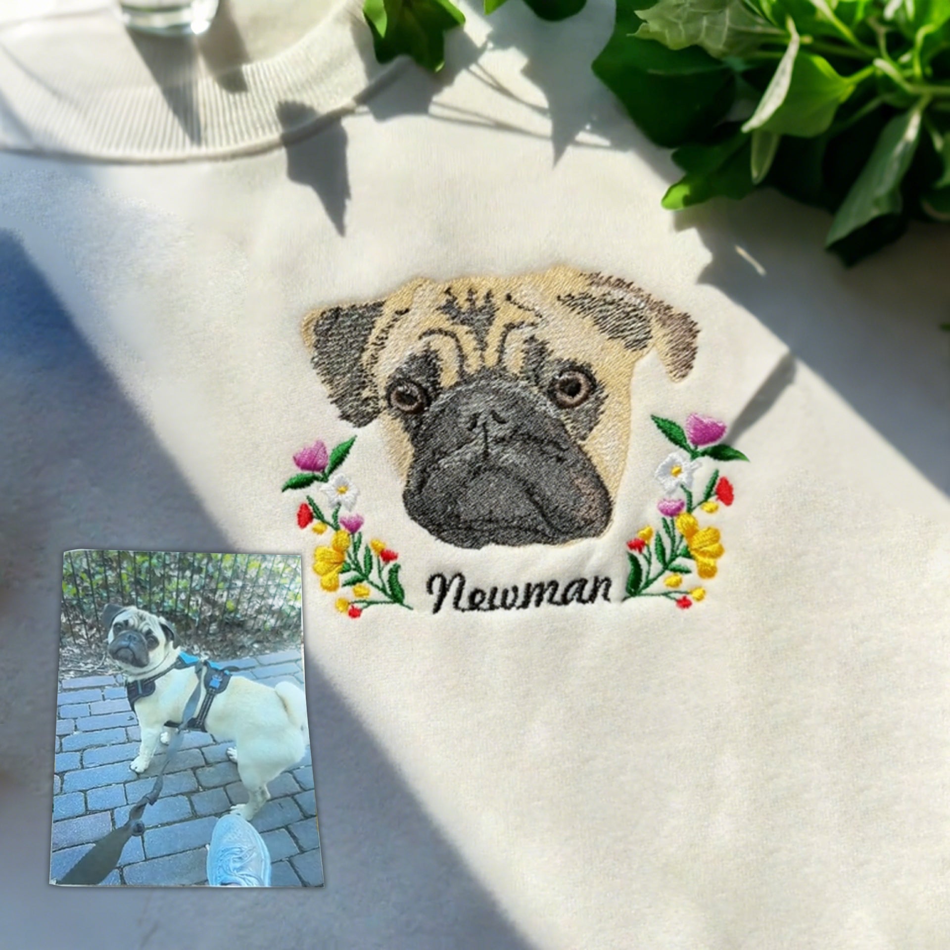 Personalized Embroidered Hoodie, Custom Dog Portrait in Full-Color with Floral wreath Design