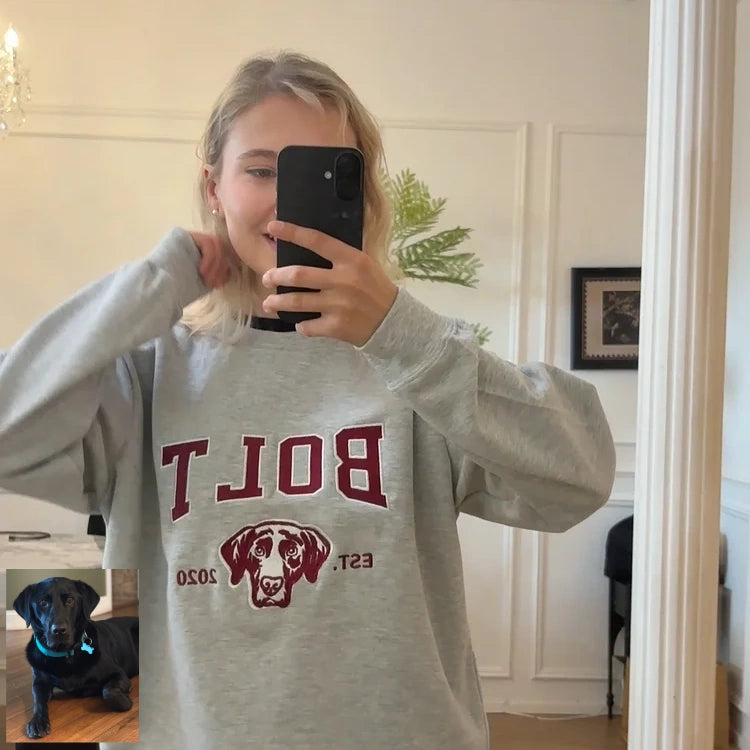 Personalized Embroidered Pet Sweatshirt with Portrait From Photo and Name, Gifts For Pet Owners