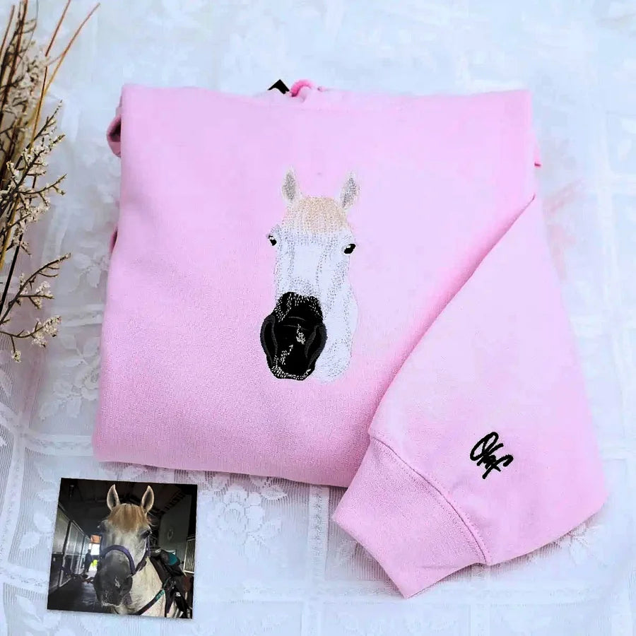 🐶🐱🐎 Full Color Pet Portrait Embroidered Sweatshirt – Custom Dog, Cat & Horse Face with Name/Date