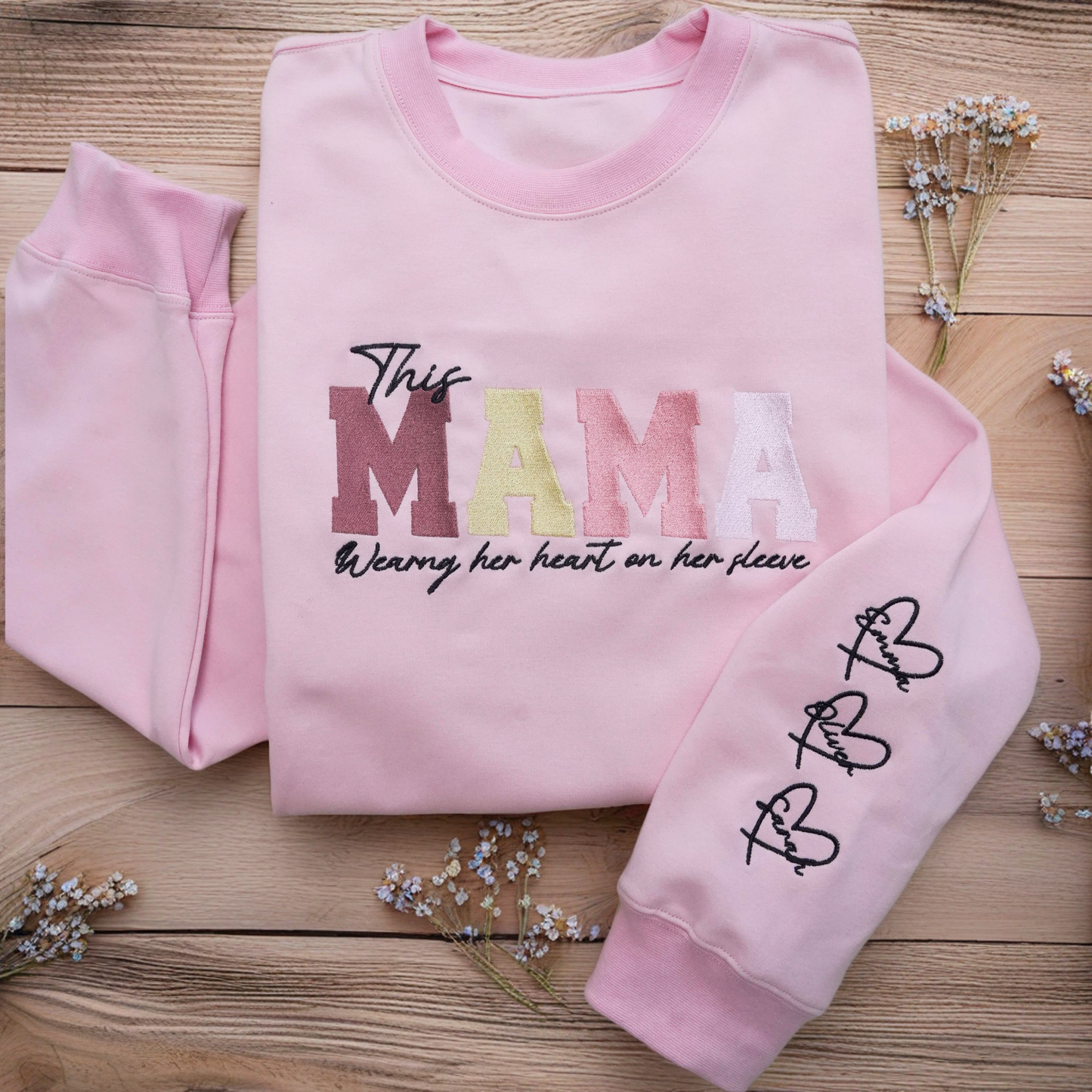 Embroidered Custom Mom Wears Her Heart On Her Sleeve T-Shirts, Sweatshirts, Hoodies