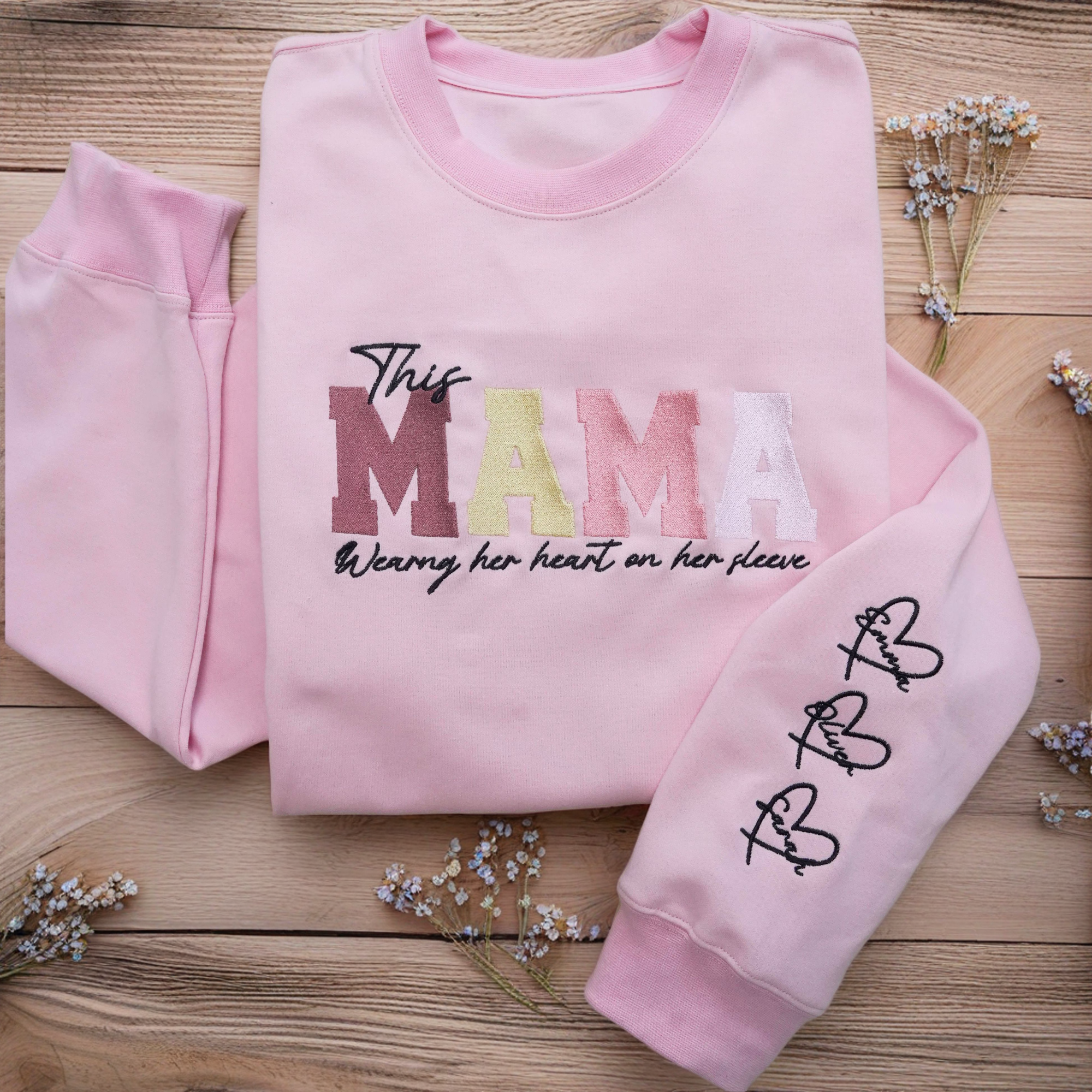 Embroidered Custom Mom Wears Her Heart On Her Sleeve T-Shirts, Sweatshirts, Hoodies
