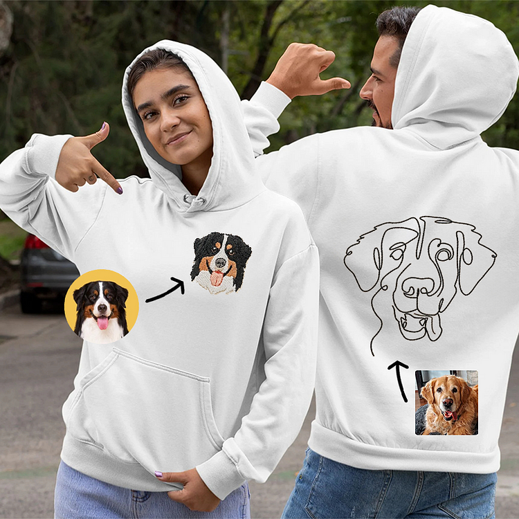 Custom Embroidered Pet Portrait Hoodie, Embroidered Pet Portrait on the Front and Back of Sweatshirt