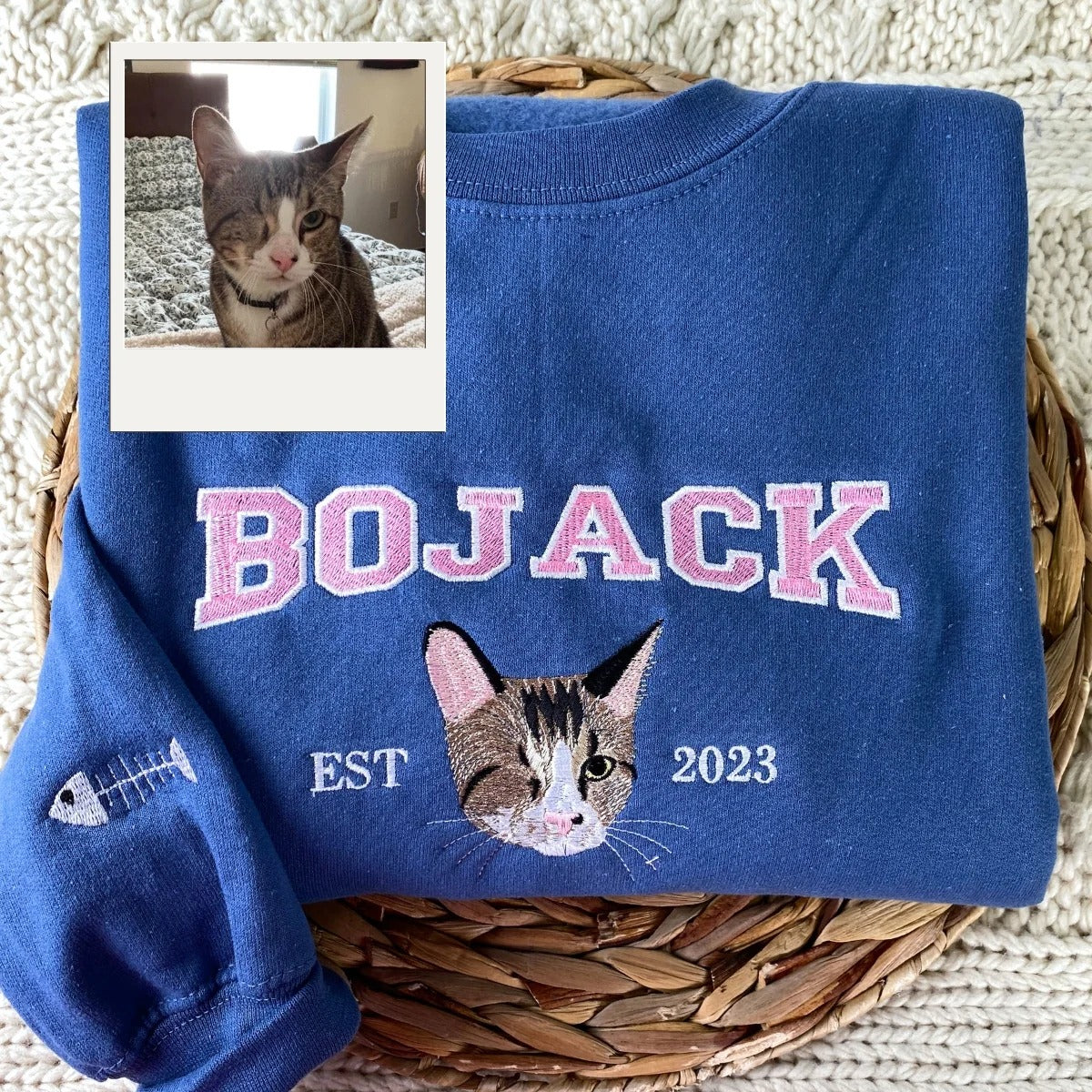 Custom Cat Portrait Varsity Hoodies - Personalized Pet Name Embroidery Sweatshirts - Cat Parent Gift