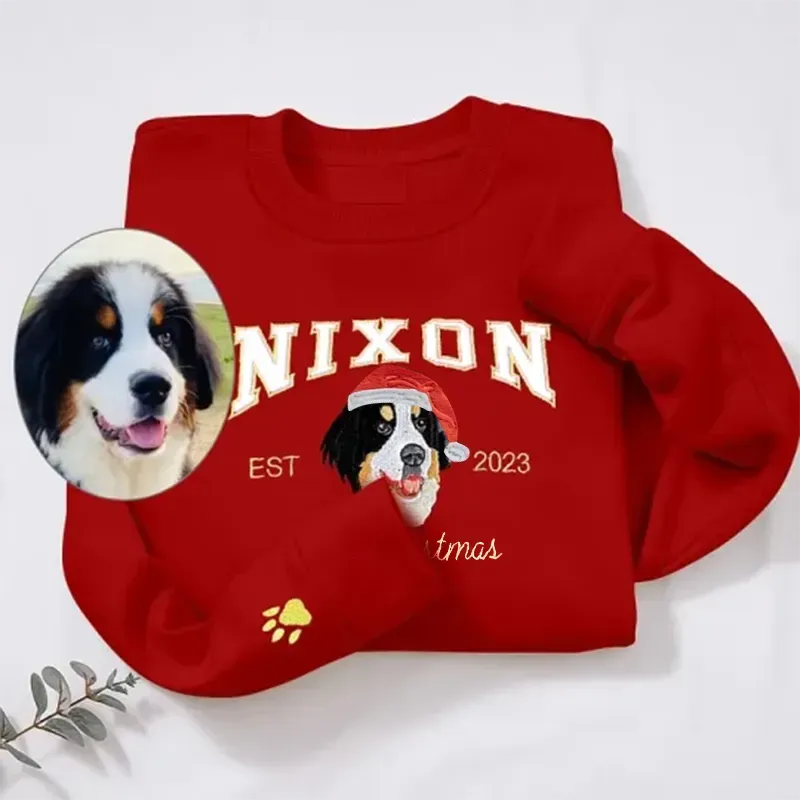 Custom Christmas Preppy Embroidered Pet Portrait Fleece Sweatshirt Hoodie