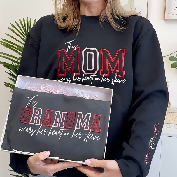 Embroidered Custom Mom Wears Her Heart On Her Sleeve T-Shirts, Sweatshirts, Hoodies