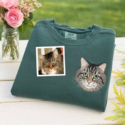 🐶🐱🐎 Full Color Pet Portrait Embroidered Sweatshirt – Custom Dog, Cat & Horse Face with Name/Date