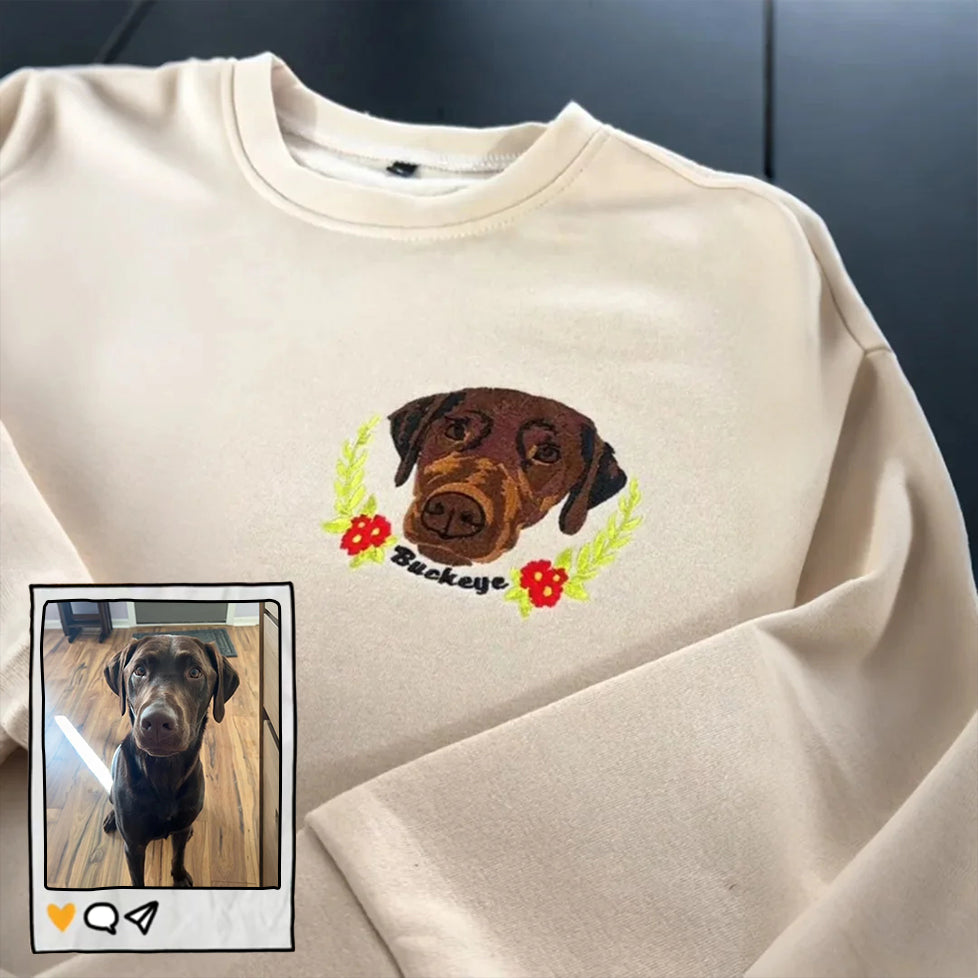 Custom Full-Color Pet Portrait Sweatshirt, Personalized Dog Embroidered Hoodie with Floral Design