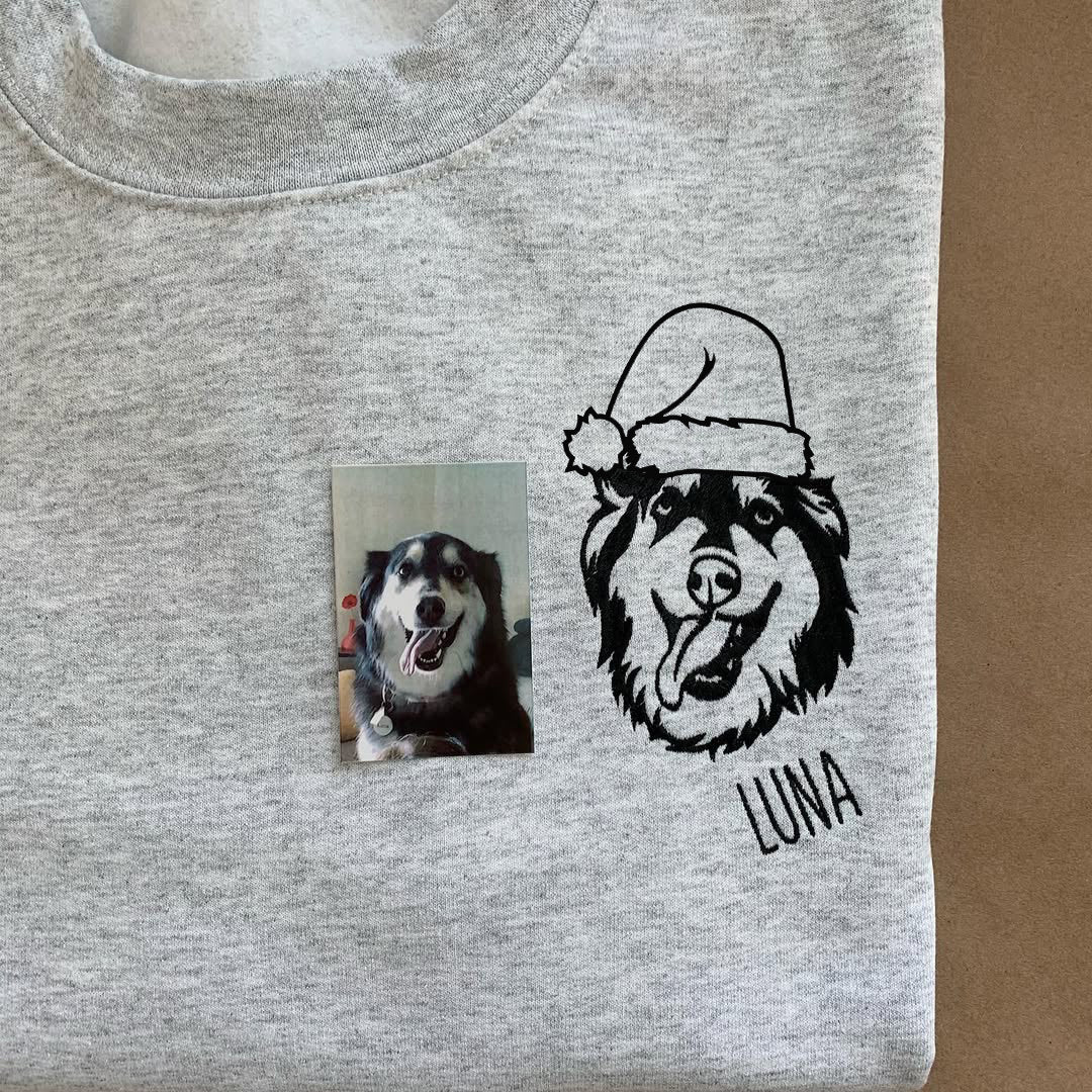 Custom Embroidered Pet Face Hoodie, Sweatshirt, Personalized Pet Portrait for Christmas or Memorial