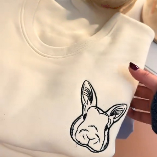 Custom embroidered hoodie with pet rabbit face sketch embroidery