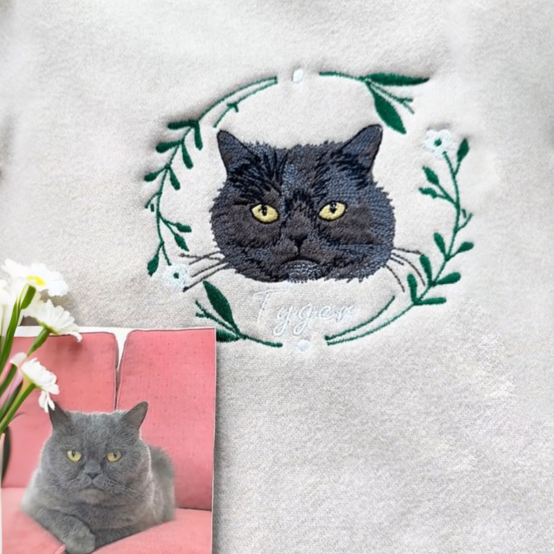 Personalized Embroidered Hoodie, Custom Dog Portrait in Full-Color with Floral wreath Design