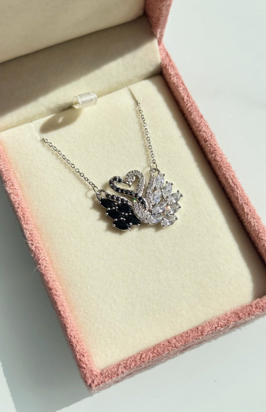 Stainless Steel Black & White Love Swan Necklace