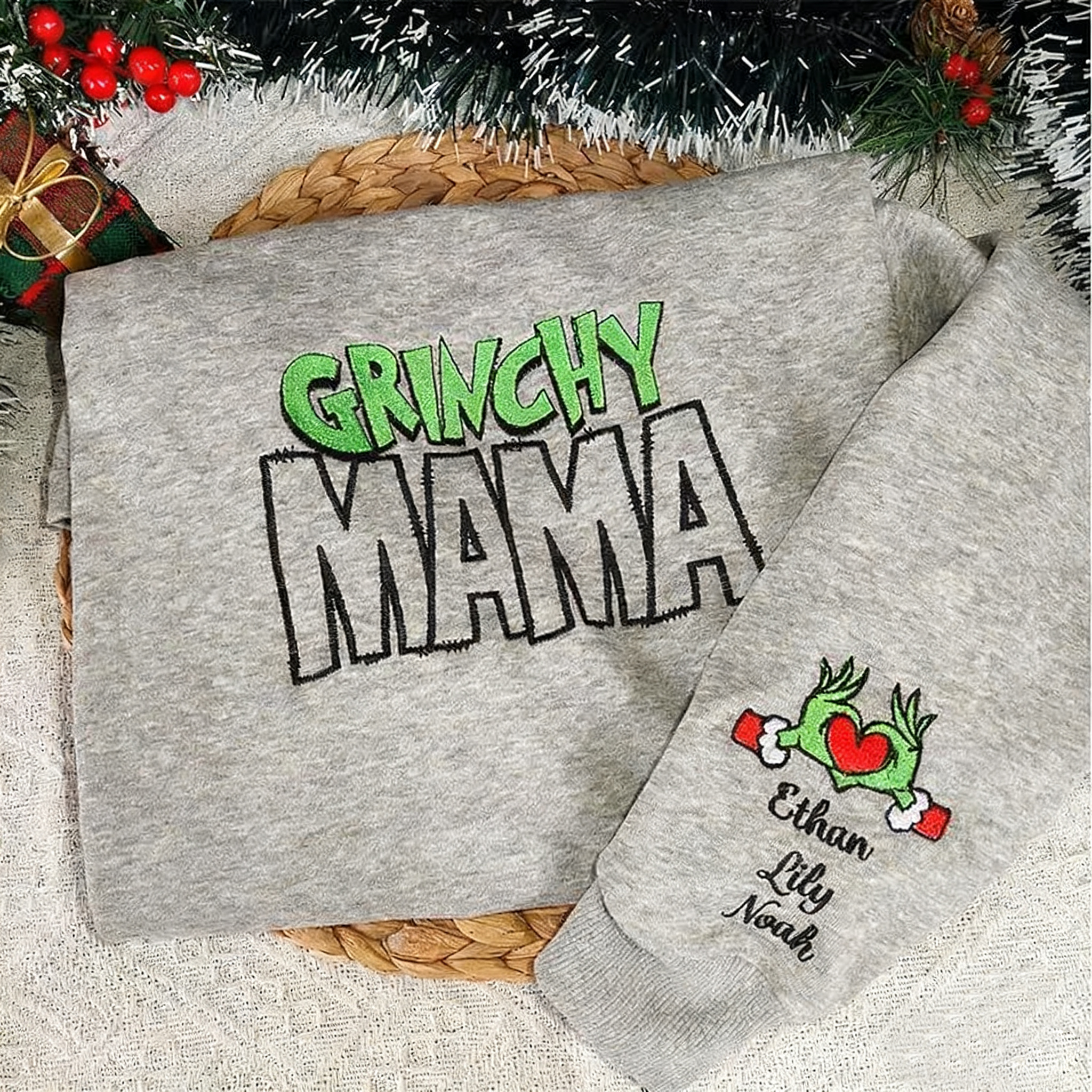 Custom Embroidered Mama Christmas Sweatshirt with Side Bow