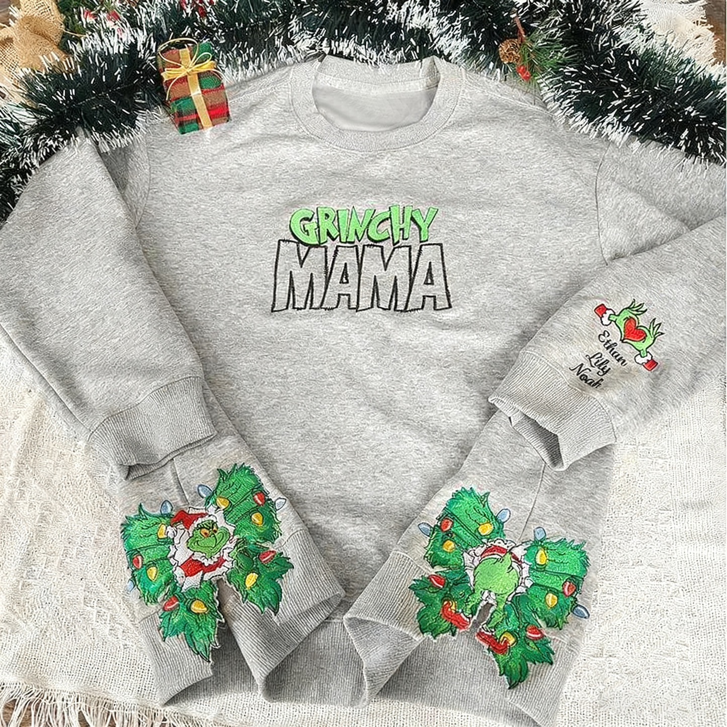 Custom Embroidered Mama Christmas Sweatshirt with Side Bow