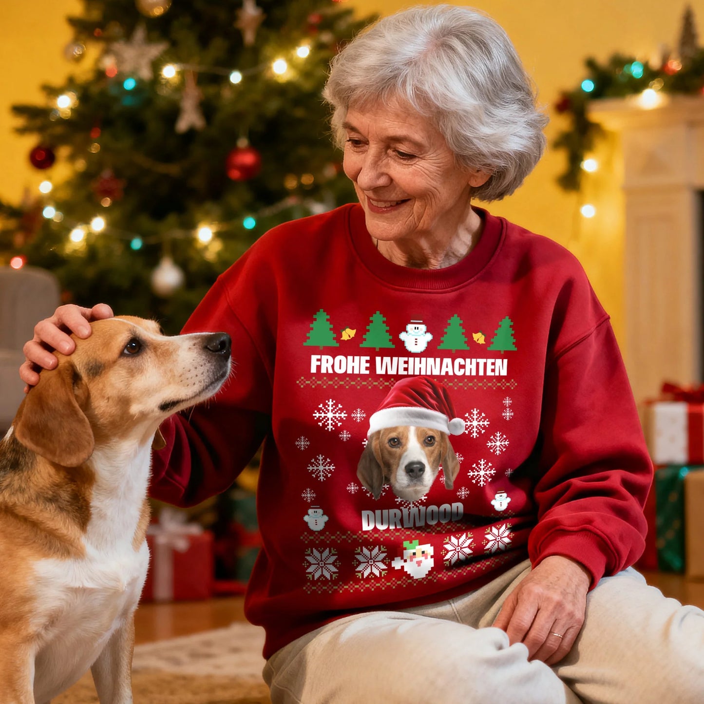 Personalized Multicolor Santa Hat 1-2 Pet Face Photos Soft Sweatshirt with Name Christmas Gift for Pet Owners