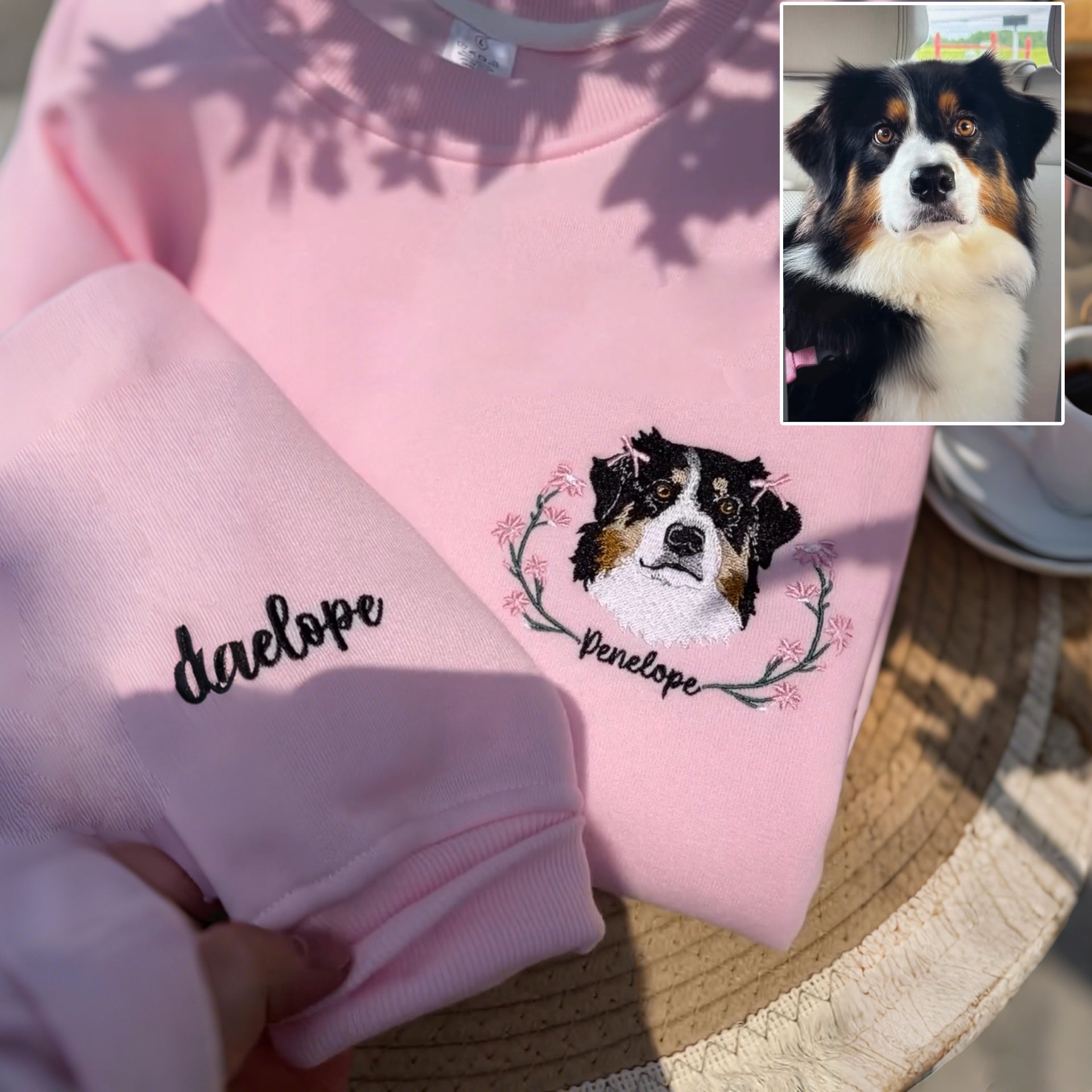Personalized Embroidered Hoodie, Custom Dog Portrait in Full-Color with Floral wreath Design