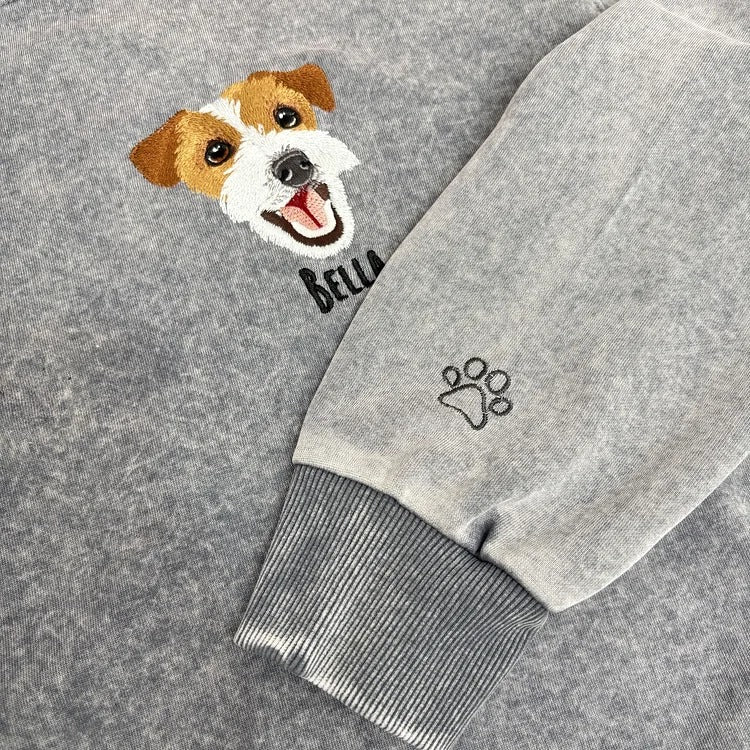 Custom Pet Portrait Embroidered Vintage Washed Sweatshirt T-Shirt Hoodie