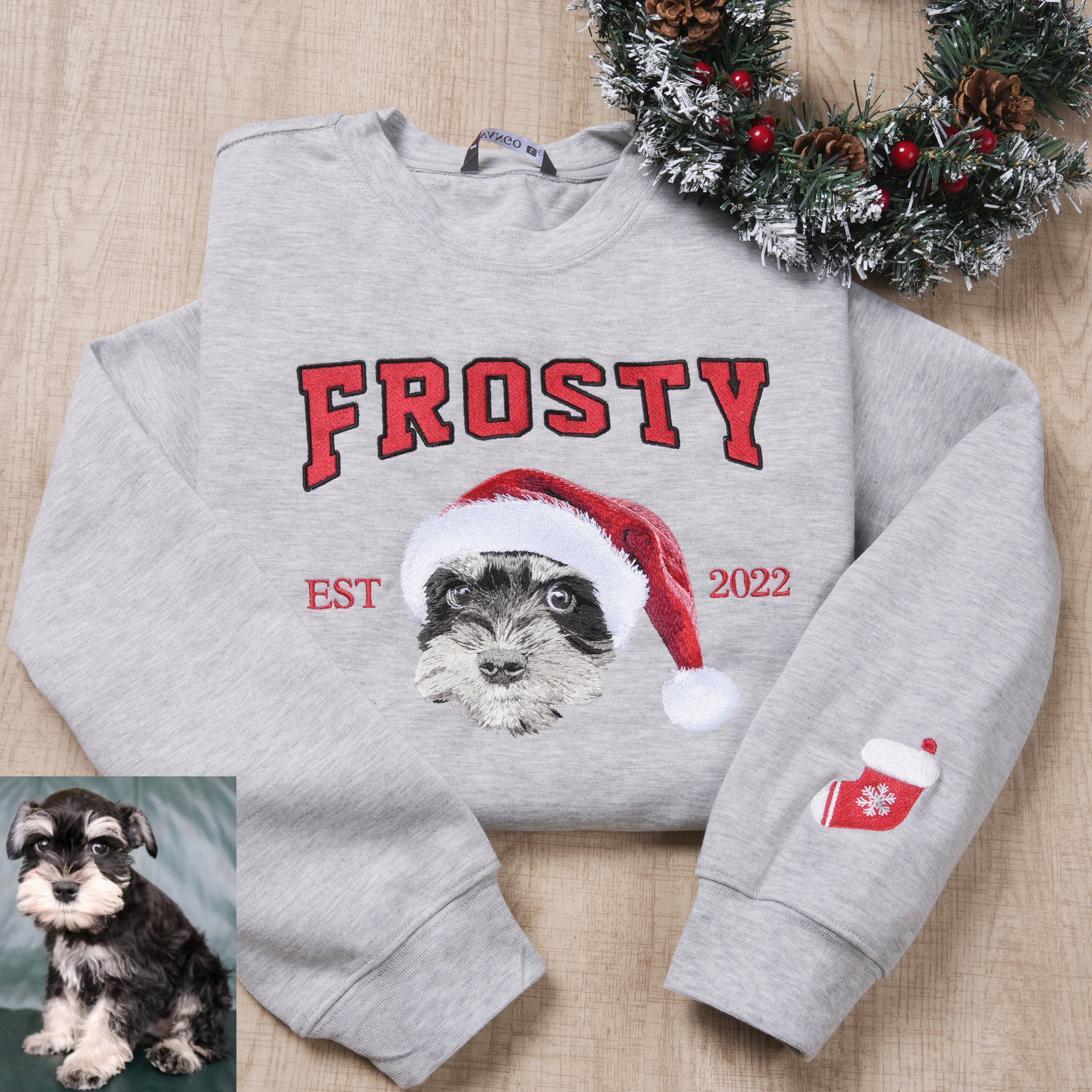 Custom Christmas Preppy Embroidered Pet Portrait Fleece Sweatshirt Hoodie