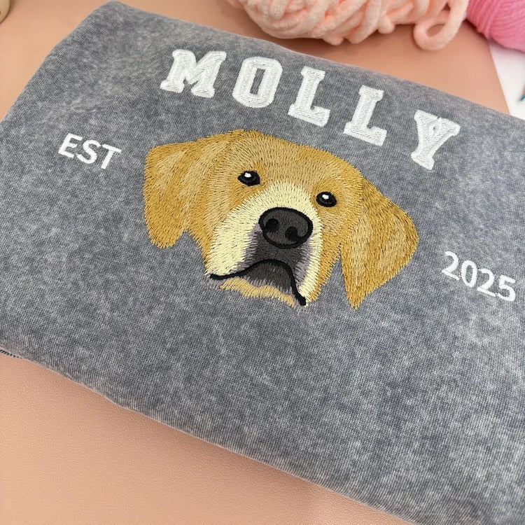 Custom Pet Photo & Name Embroidered Vintage Washed Sweatshirt T-Shirt Hoodie