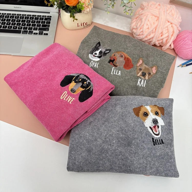 Custom Pet Portrait Embroidered Vintage Washed Sweatshirt T-Shirt Hoodie