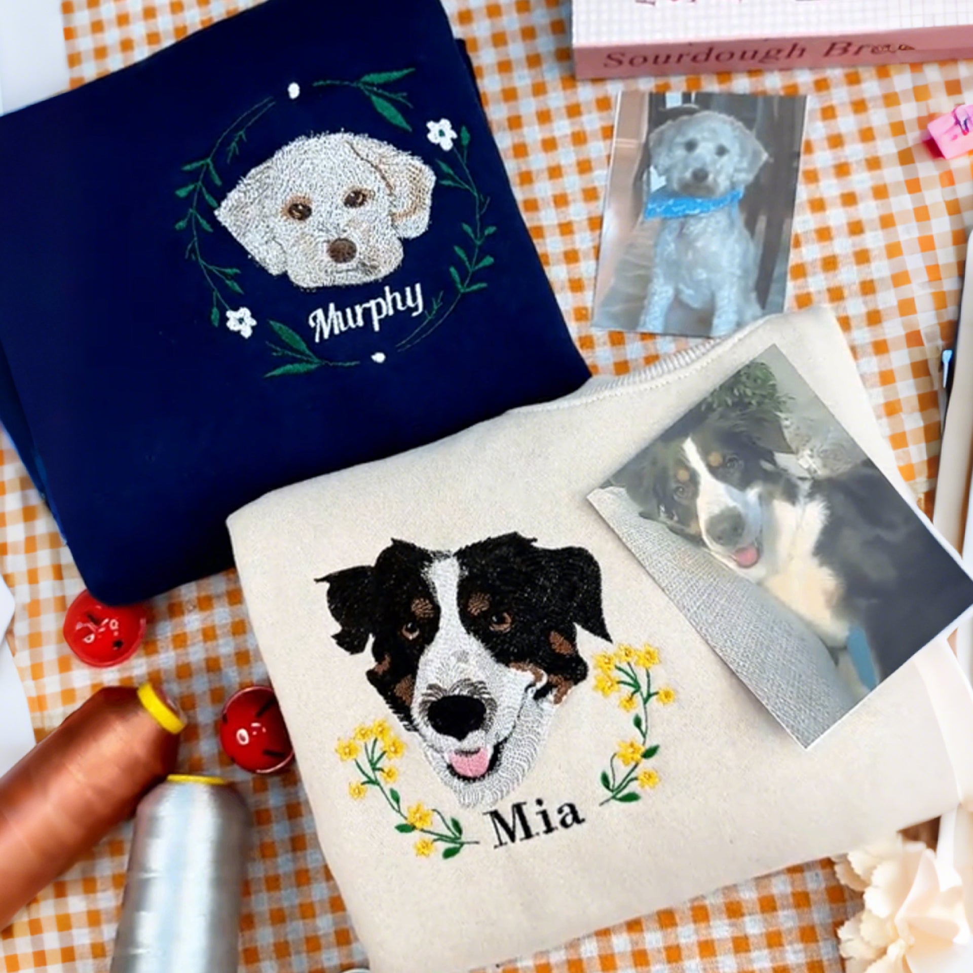 Personalized Embroidered Hoodie, Custom Dog Portrait in Full-Color with Floral wreath Design