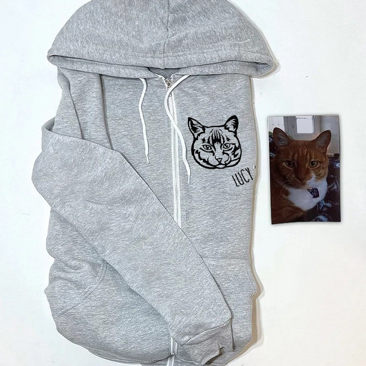 Custom Embroidered Pet Portrait Hooded Zip Up Hoodie