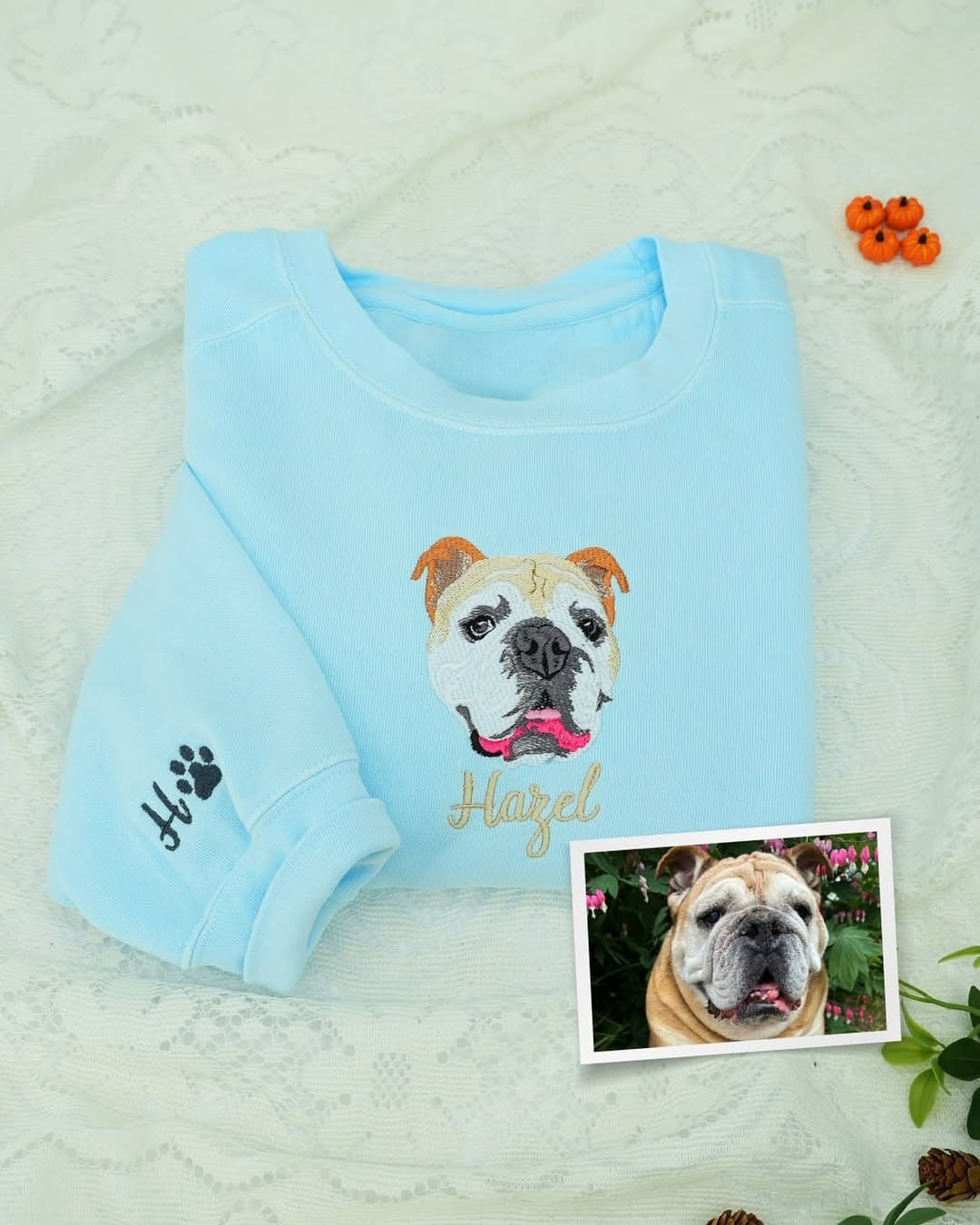 🐶🐱🐎 Full Color Pet Portrait Embroidered Sweatshirt – Custom Dog, Cat & Horse Face with Name/Date