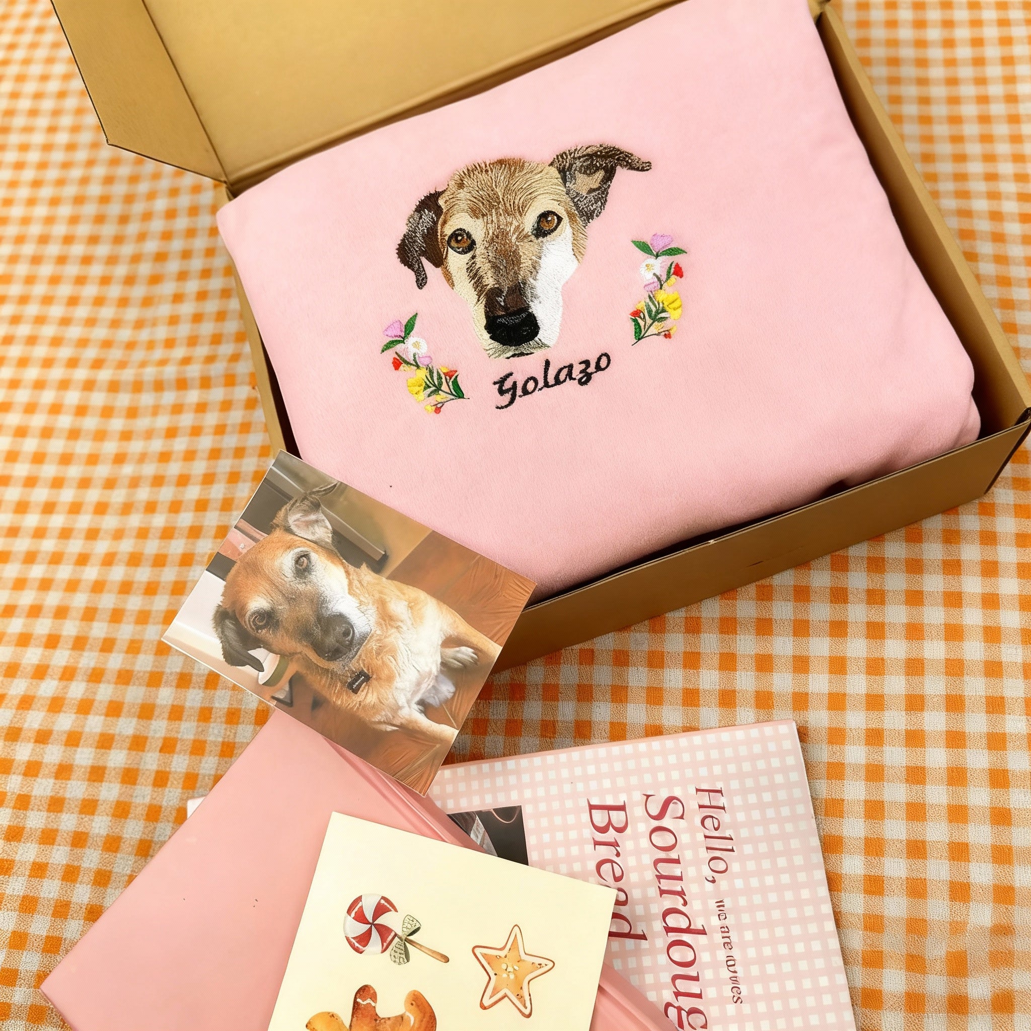 Personalized Embroidered Hoodie, Custom Dog Portrait in Full-Color with Floral wreath Design