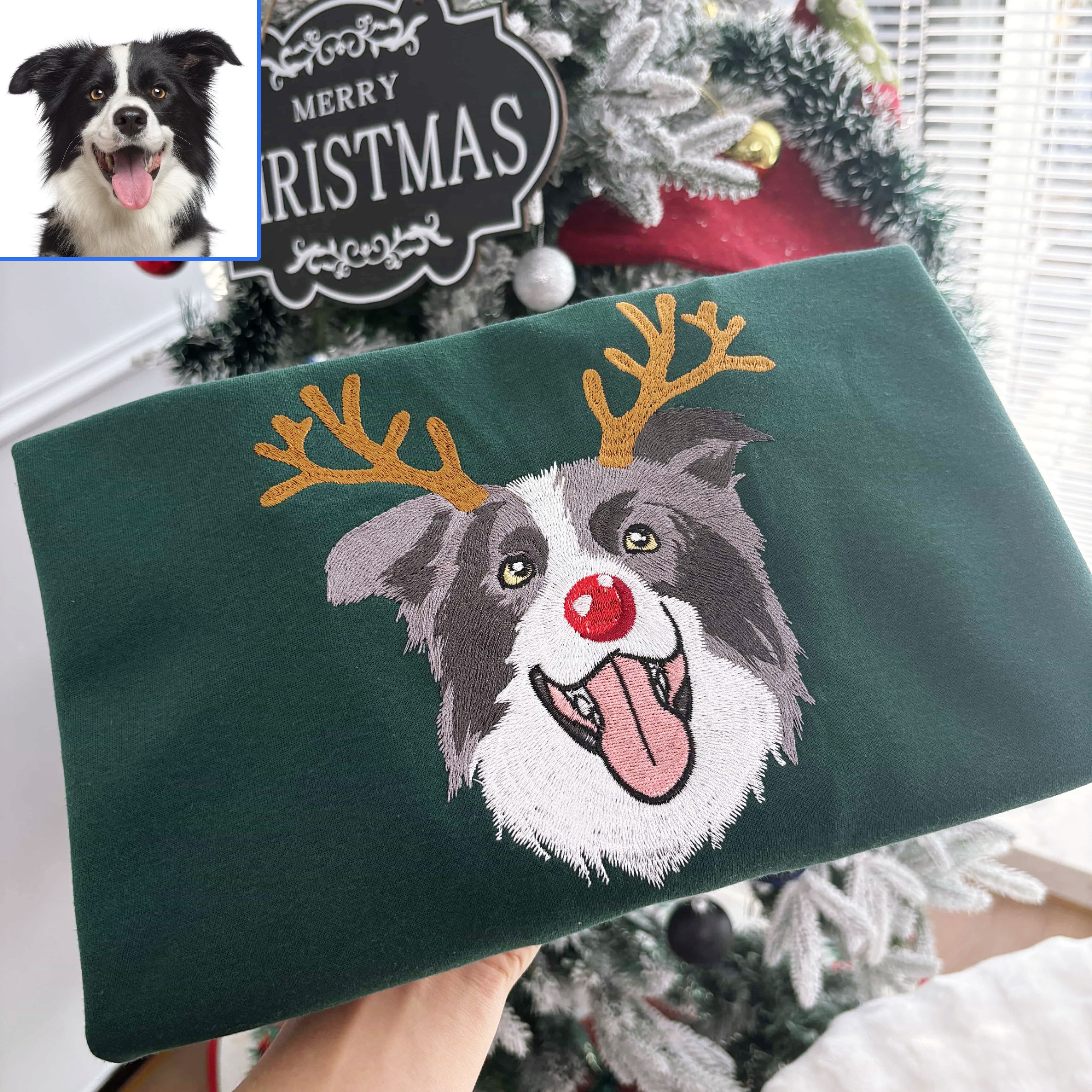 Custom Dog Embroidered Christmas Sweatshirt with Funny Reindeer Design
