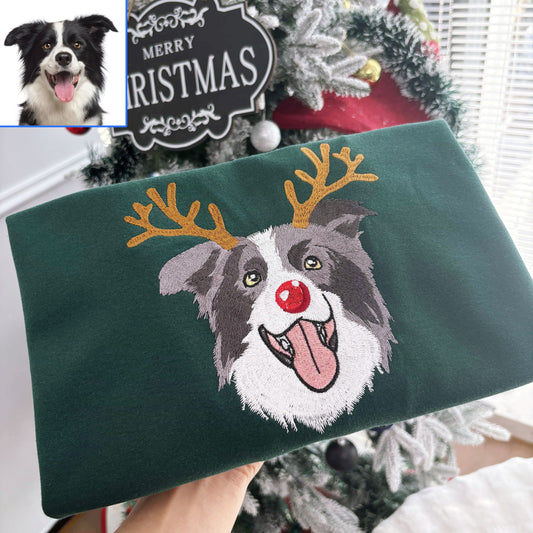 Custom Dog Embroidered Christmas Sweatshirt with Funny Reindeer Design