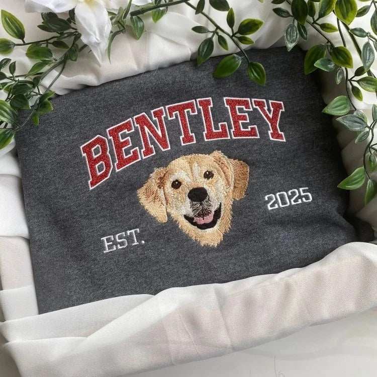 Custom Pet Portrait Sweatshirt – Embroidered Dog Face & Sparkling Sequin Name