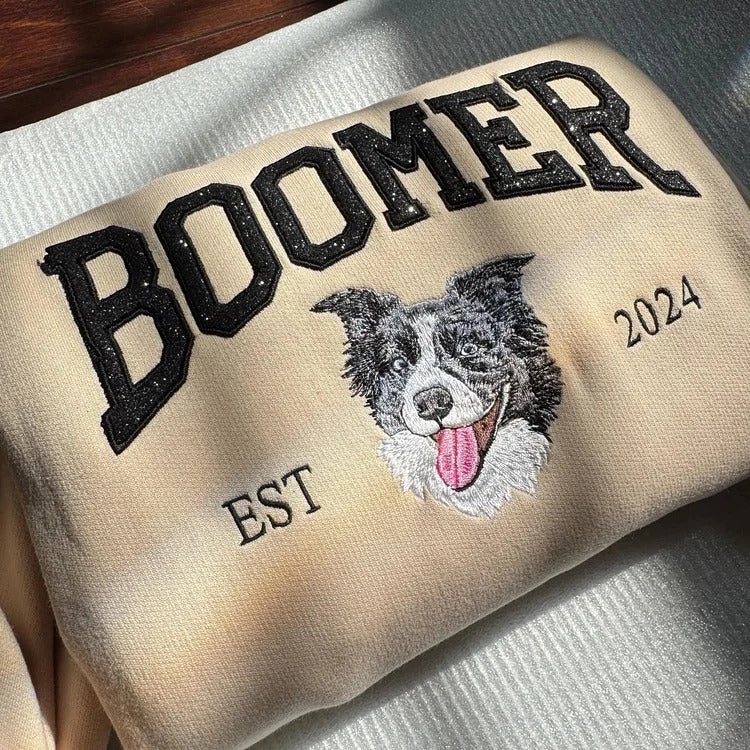 Custom Pet Portrait Sweatshirt – Embroidered Dog Face & Sparkling Sequin Name