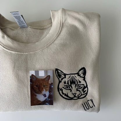 Custom Embroidered Cat Face Sweatshirt from Your Photo with Cat Names on Sleeve