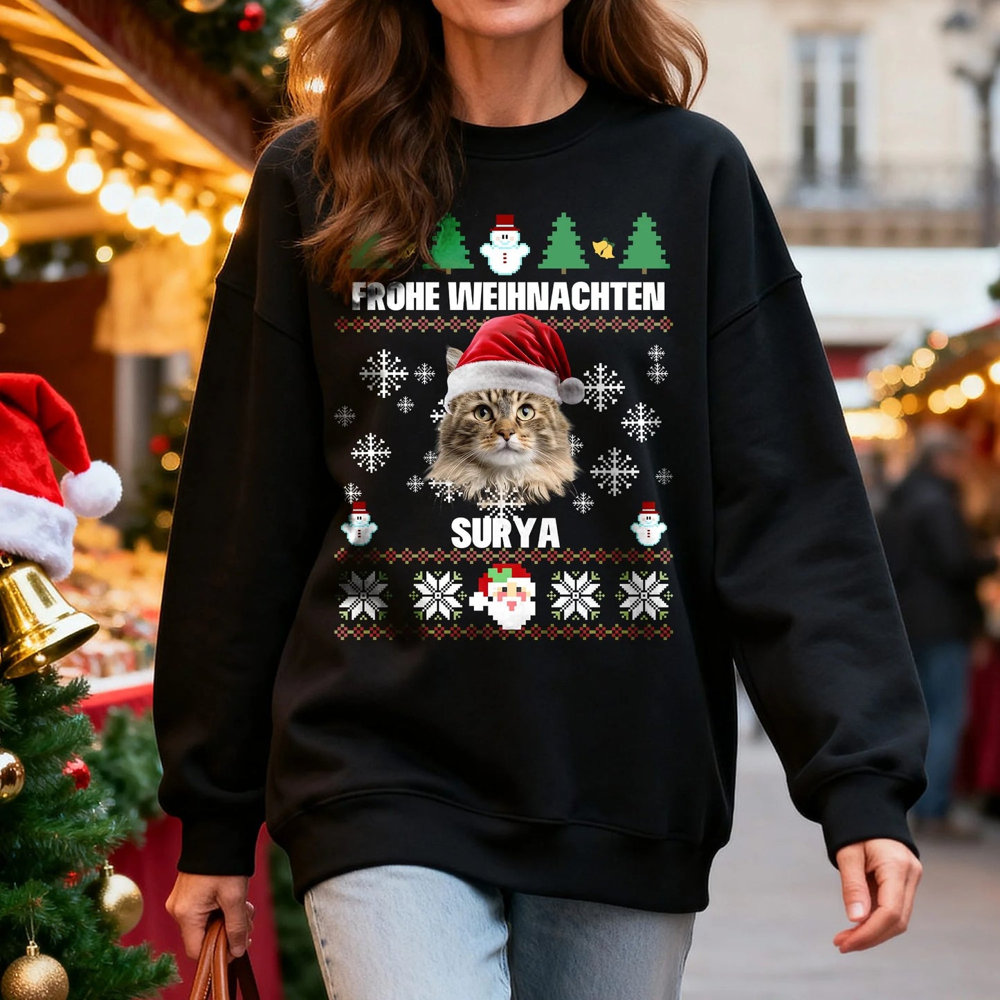 Personalized Multicolor Santa Hat 1-2 Pet Face Photos Soft Sweatshirt with Name Christmas Gift for Pet Owners