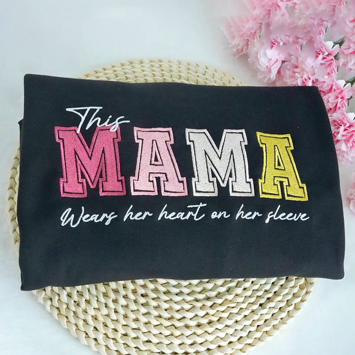 Embroidered Custom Mom Wears Her Heart On Her Sleeve T-Shirts, Sweatshirts, Hoodies