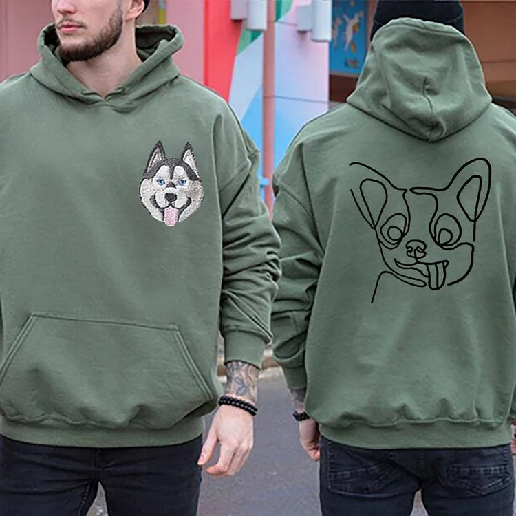 Custom Embroidered Pet Portrait Hoodie, Embroidered Pet Portrait on the Front and Back of Sweatshirt