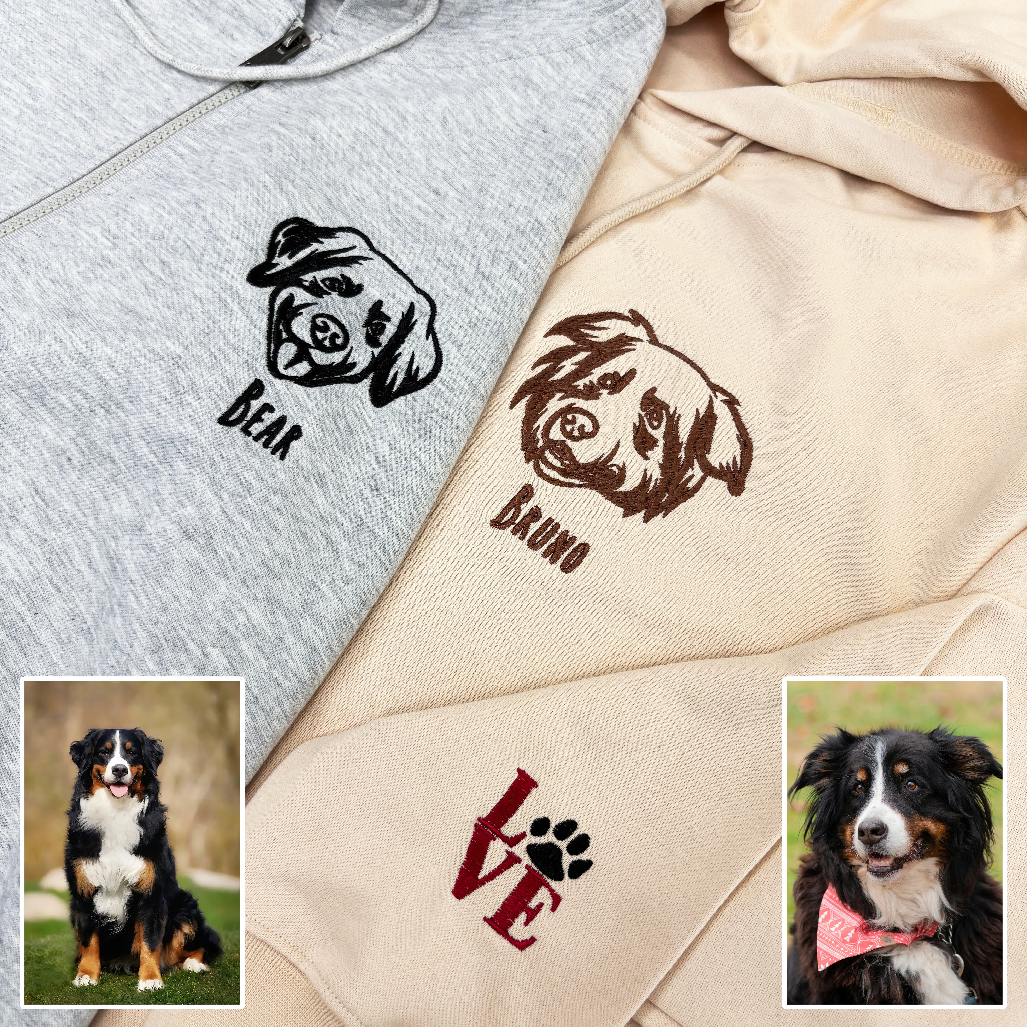 Custom Embroidered Pet Portrait Hooded Zip Up Hoodie