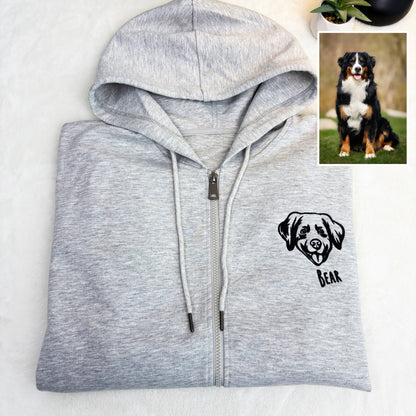 Custom Embroidered Pet Portrait Hooded Zip Up Hoodie