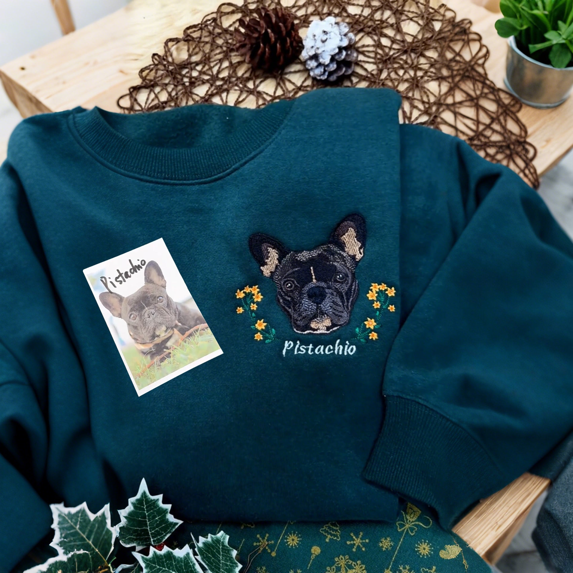 Personalized Embroidered Hoodie, Custom Dog Portrait in Full-Color with Floral wreath Design