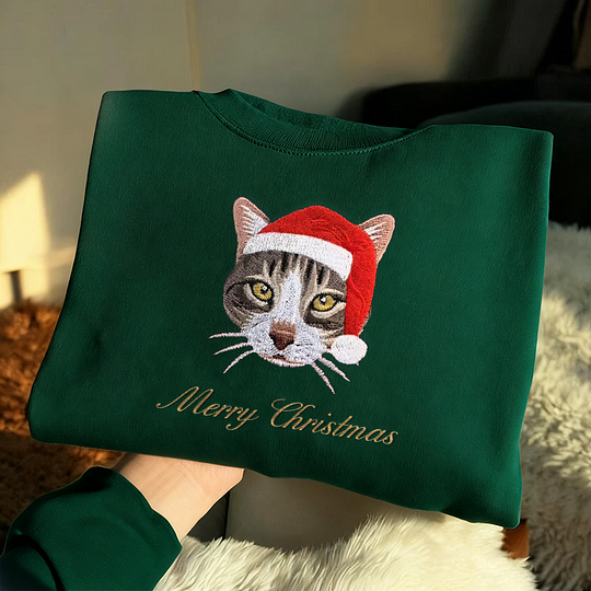 Custom Dog Cat Portrait Embroidered Christmas Sweatshirt Hoodie T-shirt