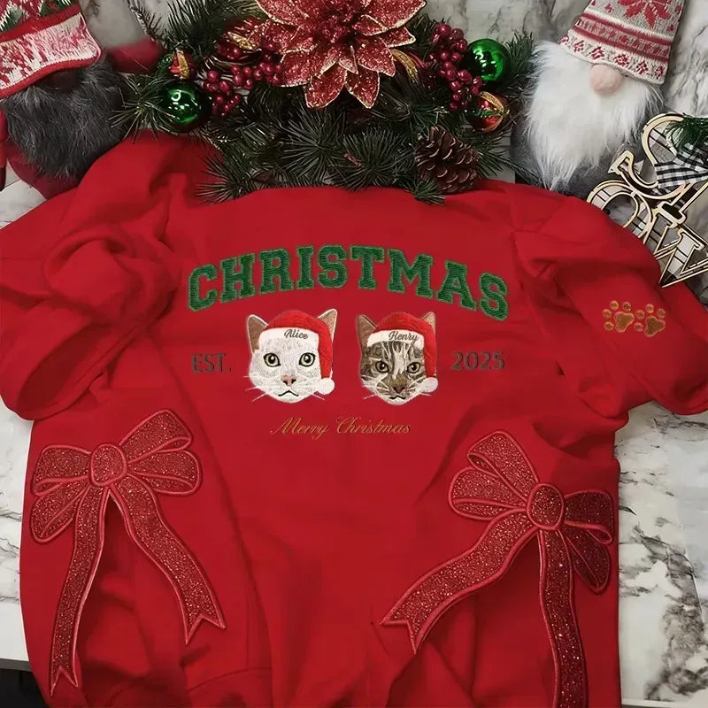 Custom Merry Christmas Embroidered Pet Portrait Sweatshirt with Glitter Side Bow Design