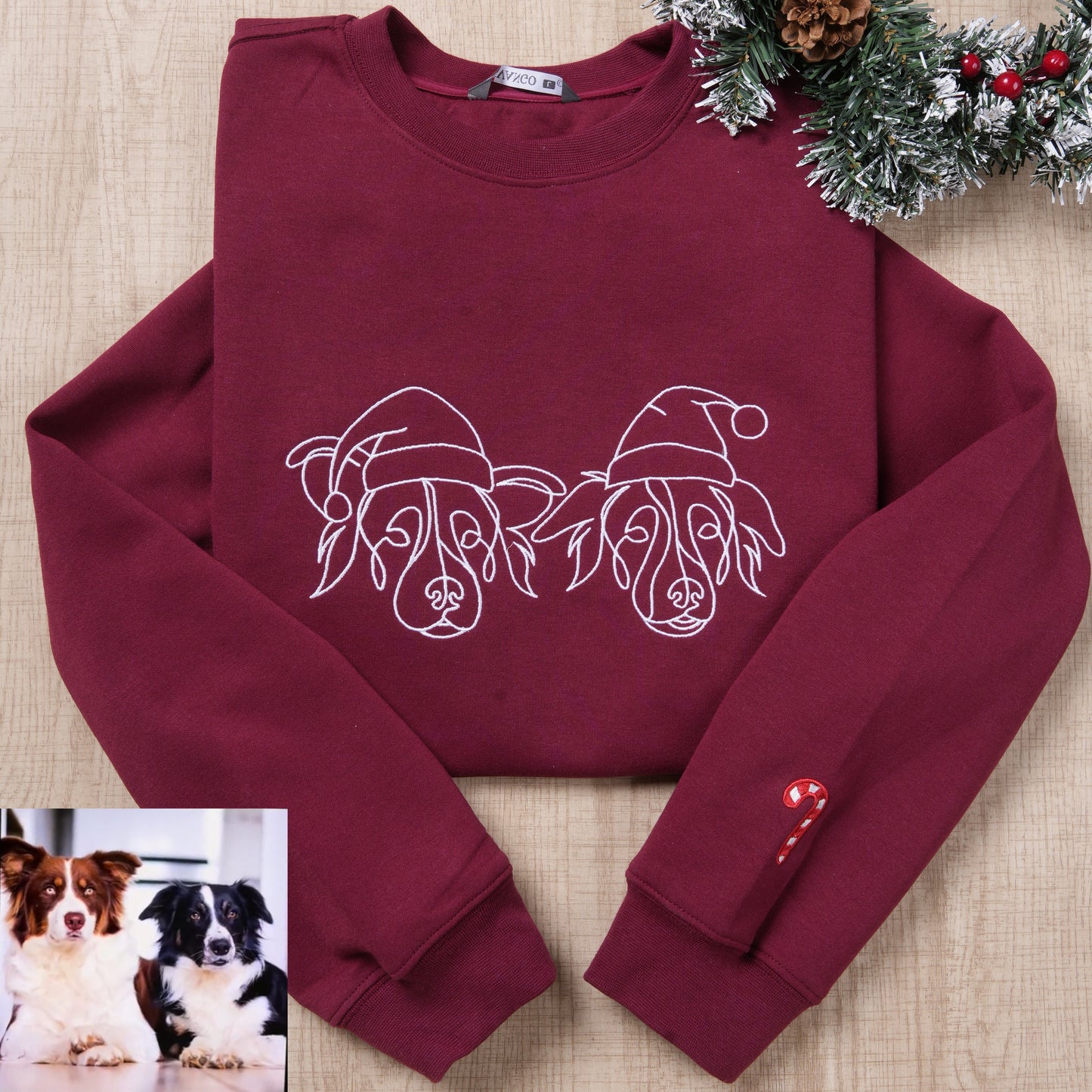 Custom Christmas Pet Face Sketch Embroidered Fleece Hoodie with Santa Hat