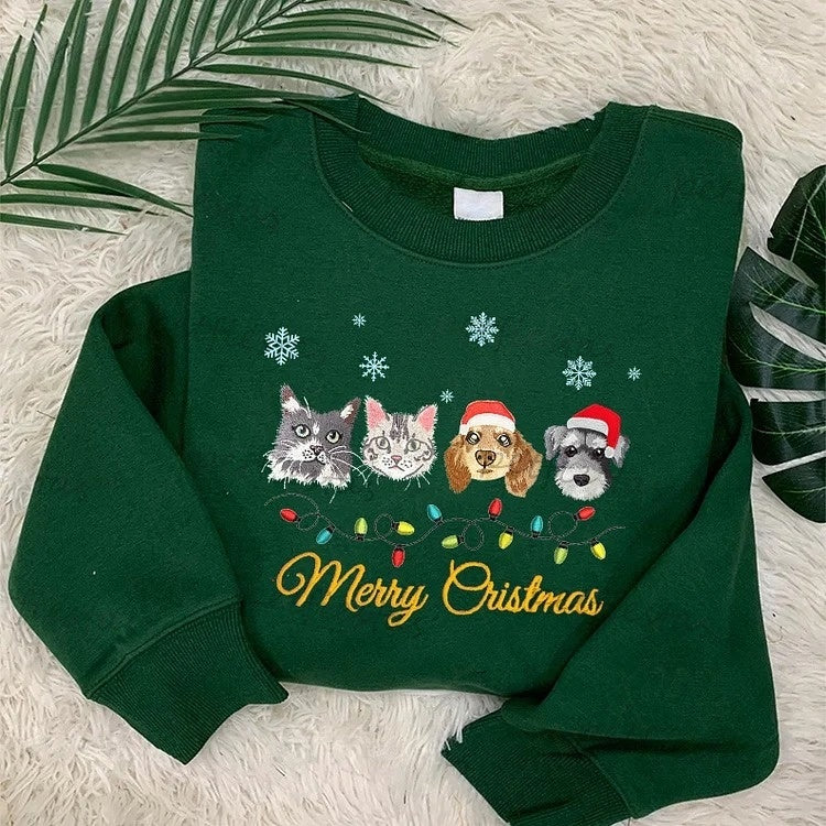 Custom Pet Portrait Christmas Sweatshirt with Snowflake and Christmas Lights Embroidery