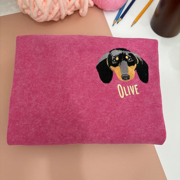 Custom Pet Portrait Embroidered Vintage Washed Sweatshirt T-Shirt Hoodie