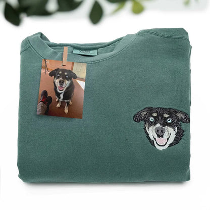 🐶🐱🐎 Full Color Pet Portrait Embroidered Sweatshirt – Custom Dog, Cat & Horse Face with Name/Date