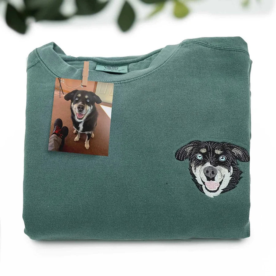 🐶🐱🐎 Full Color Pet Portrait Embroidered Sweatshirt – Custom Dog, Cat & Horse Face with Name/Date