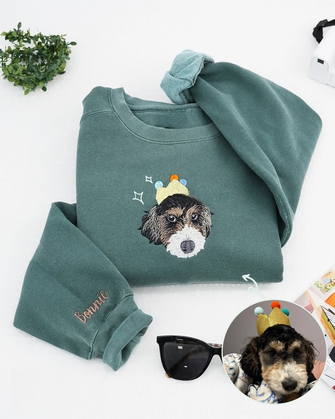 🐶🐱🐎 Full Color Pet Portrait Embroidered Sweatshirt – Custom Dog, Cat & Horse Face with Name/Date
