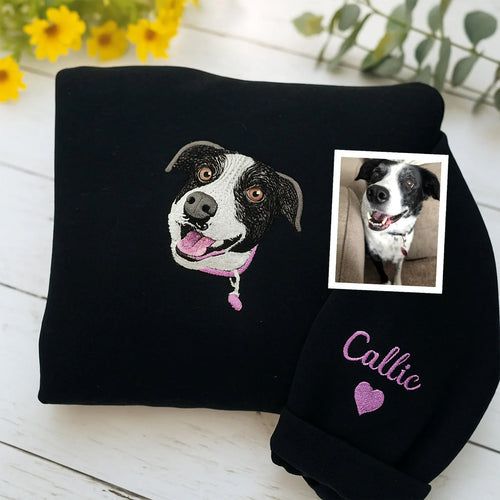 🐶🐱🐎 Full Color Pet Portrait Embroidered Sweatshirt – Custom Dog, Cat & Horse Face with Name/Date