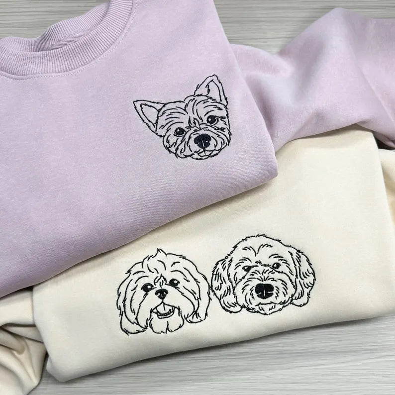 Custom Embroidered Dog Face Sweatshirt from Your Photo with Dog Names on Sleeve