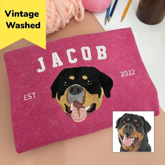 Custom Pet Photo & Name Embroidered Vintage Washed Sweatshirt T-Shirt Hoodie