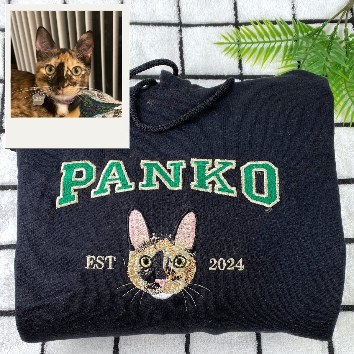 Custom Cat Portrait Varsity Hoodies - Personalized Pet Name Embroidery Sweatshirts - Cat Parent Gift